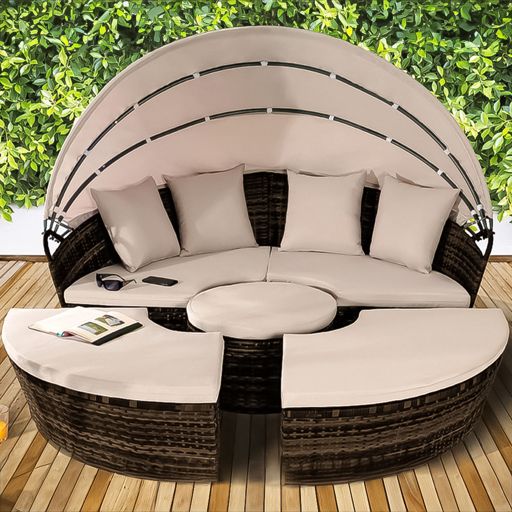 Brooklyn Luxury 8 Seater Brown Rattan Sun Lounger Sofa Set with Canopy and Cover  210cm Image 1