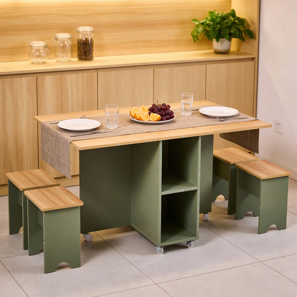 Living and Home 4 Seater Drop-Leaf Dining Table and Stool Set Green and Natural Wood Grain Image 1