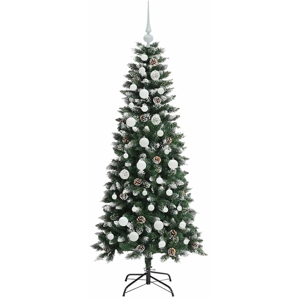 vidaXL Pre-Lit White Baubles Green Artificial Snow Tipped Christmas Tree 5ft Image 4