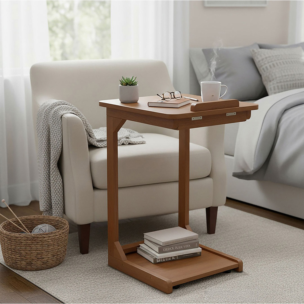 Living and Home Walnut C-Shaped Side Table with Flip-Top Storage and Wheels Image 8