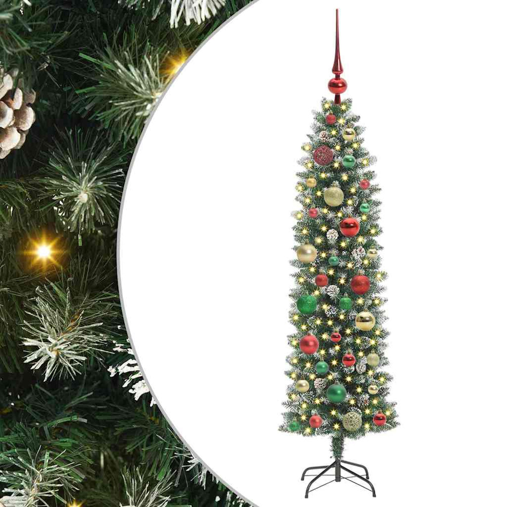vidaXL Pre-Lit Warm White LED and Multicolour Baubles Green Slim Artificial Christmas Tree 4ft Image 5