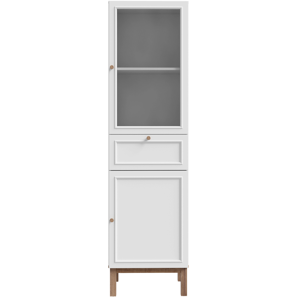 Florence Wensley 2 Door Single Drawer Light Grey and Oak Glass Display Cabinet Image 3