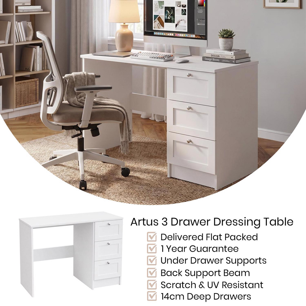 FWStyle Artus 3 Drawer White Vanity Dressing Table Image 3