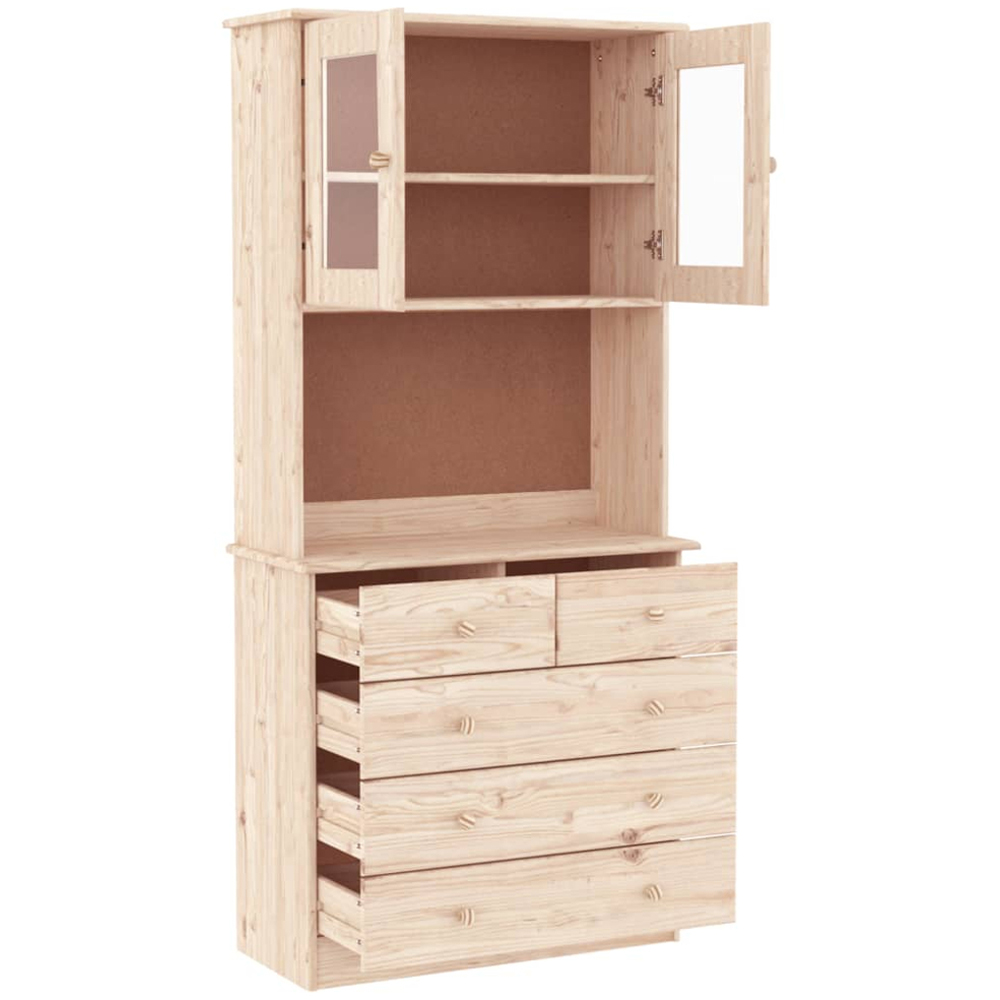 vidaXL 2 Glass Door 5 Drawer Single Shelf Natural Solid Pine Wood Highboard Image 5
