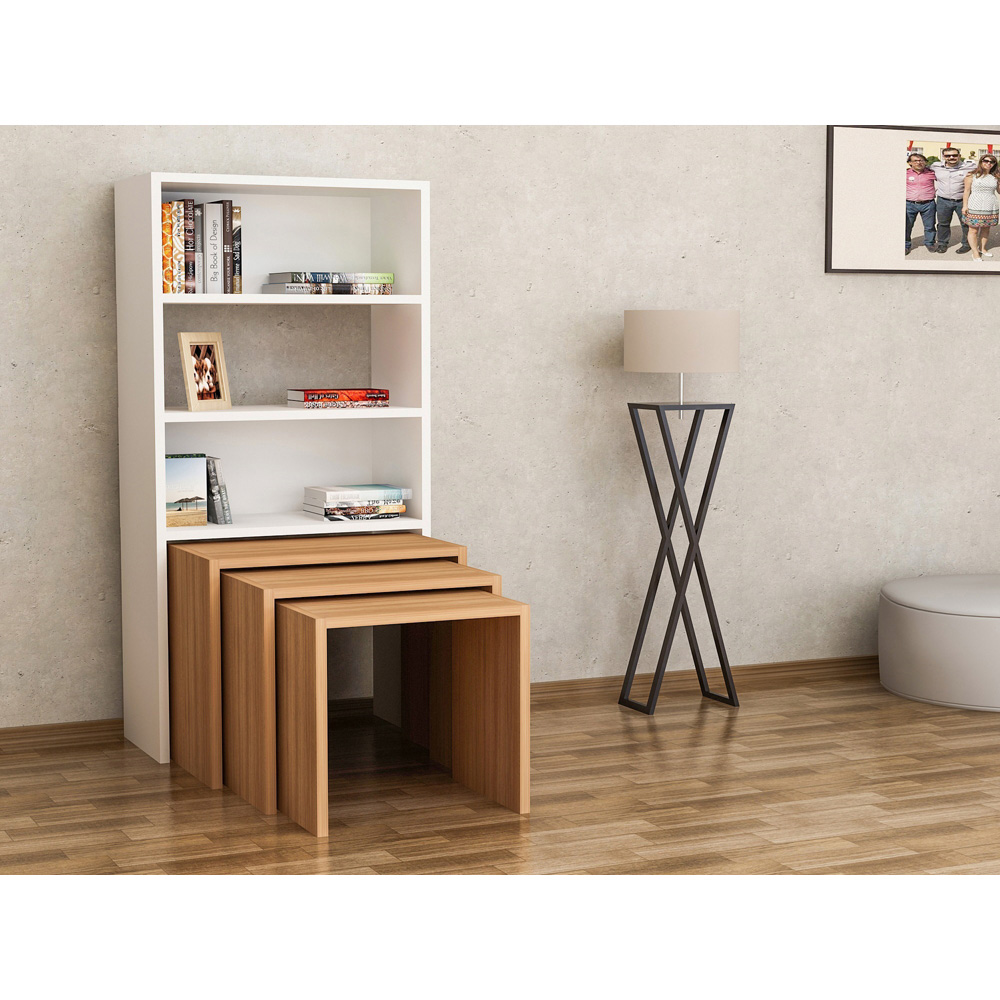 Decorotika Modern Melo 3 Shelf White Teak Bookcase with Nest of Tables Set of 3 Image 4