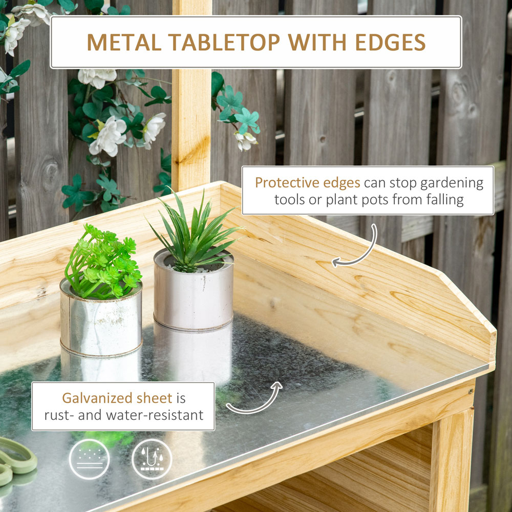 Outsunny Natural Wooden Potting Workstation Bench with Hooks Image 5