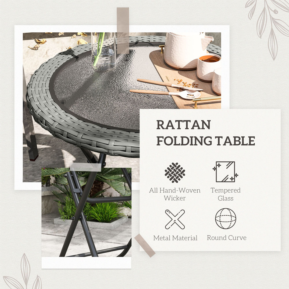 Outsunny Grey Foldable Round Tempered Glass Rattan Metal Table Image 7