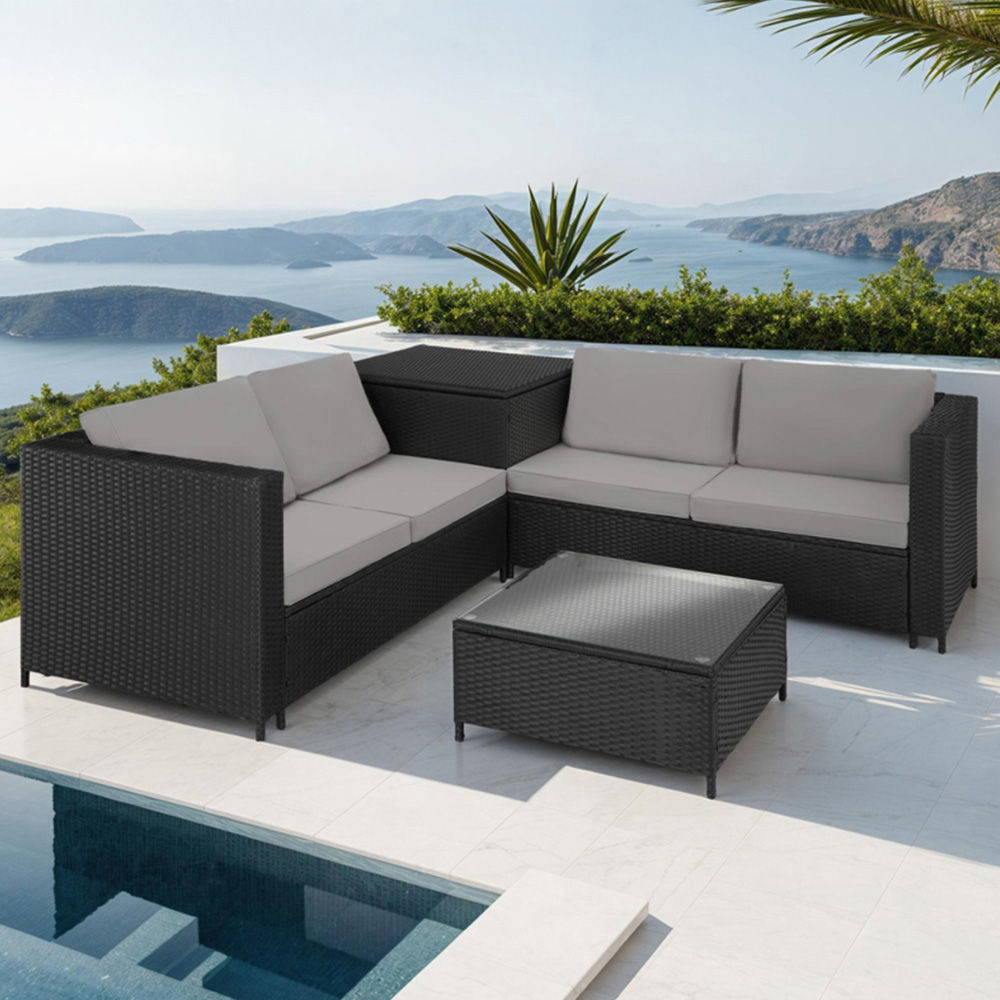 tectake Siena 4 Seater Black and Grey Rattan Garden Lounge Set with Storage Box Image 1