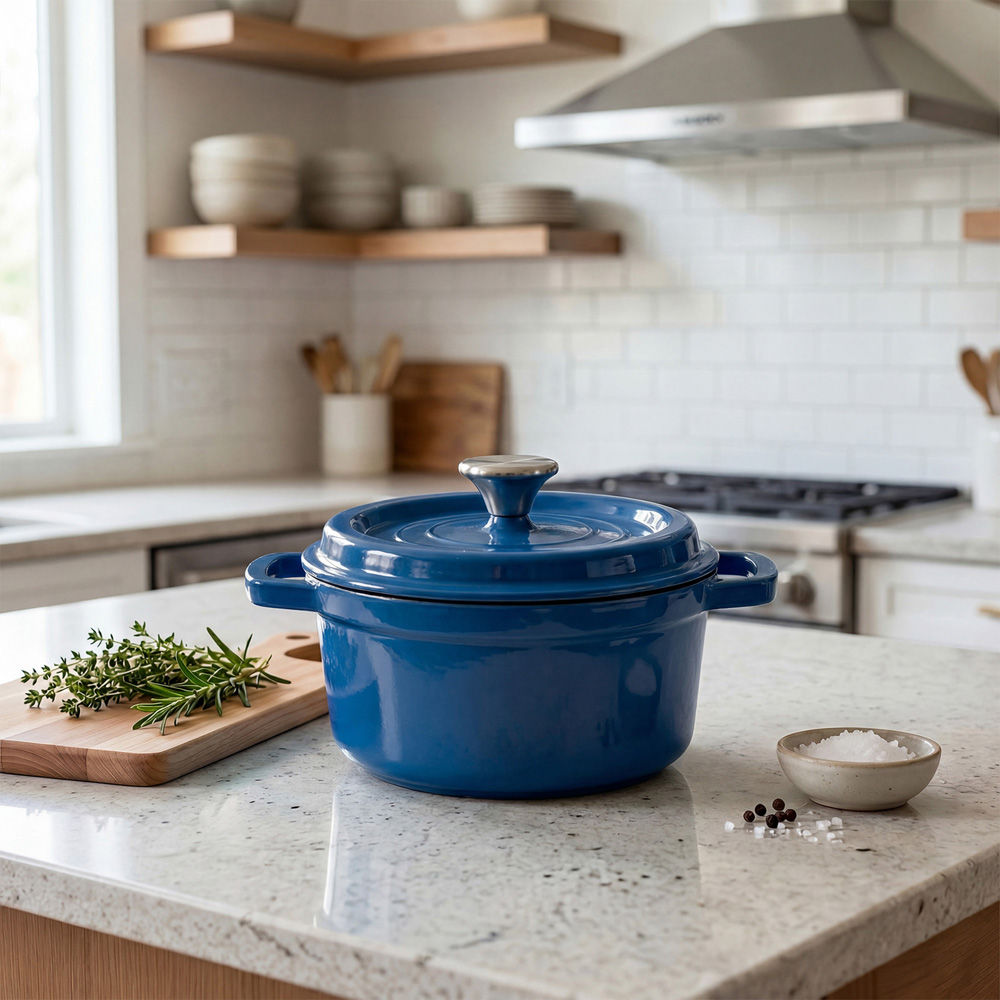 Living and Home 2.8L Dark Blue Enamelled Cast Iron Dutch Oven Image 2