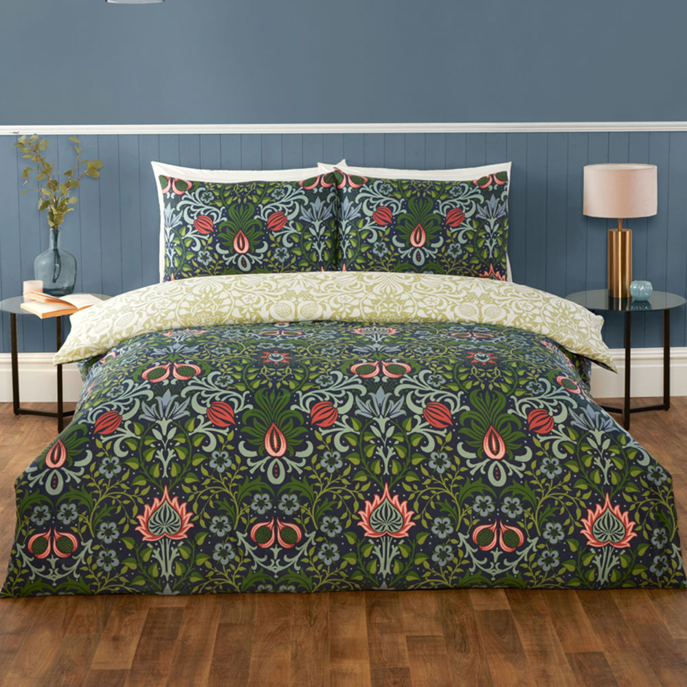 Serene Heritage Flora Single Navy Microfibre Fabric Reversible Duvet Cover Set Image 1