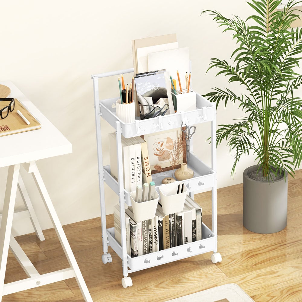 Costway 3 Shelf White Rolling Storage Cart with Hanging Cups and Hooks Image 3