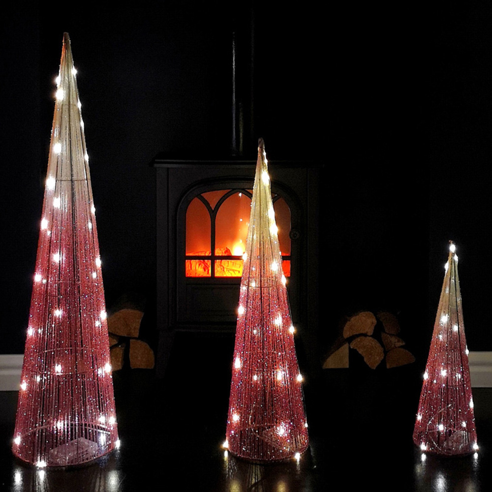 Samuel Alexander Pink Obelisk Tree Cone LED Christmas Decoration 3 Pack Image 1