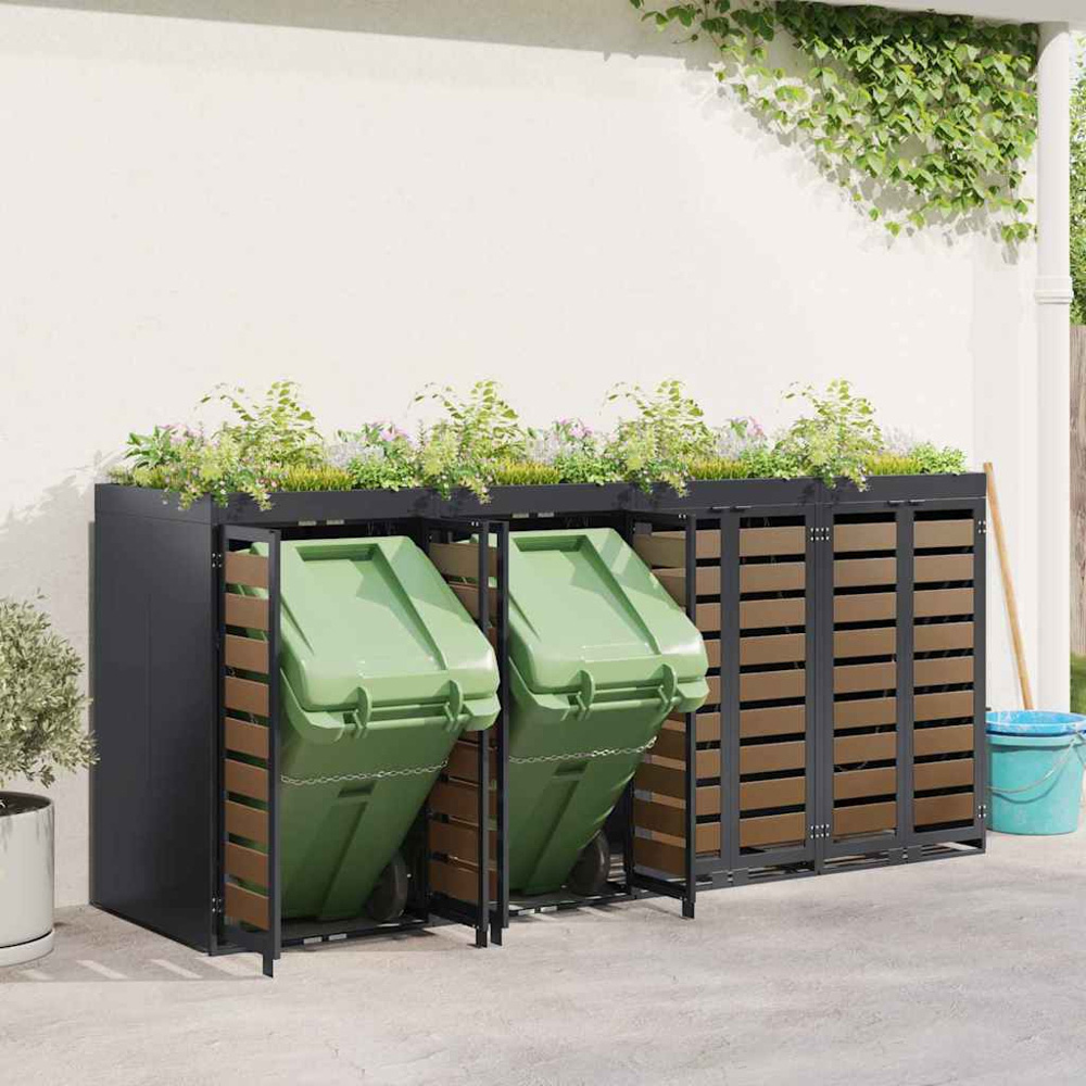 vidaXL Anthracite 4 Wheelie Bin Storage Shed with HDPE Door and Planter Roof Image 2