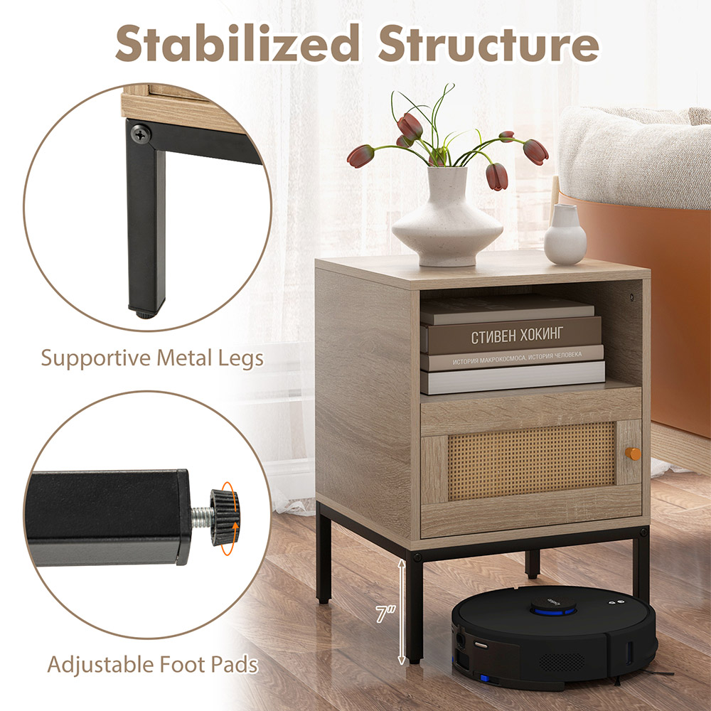 Costway Single Door Natural Home Boho Style Nightstand Accent Cabinet Image 7