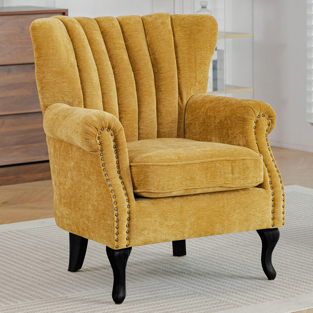 Living and Home Yellow Chenille Upholstered Channel Back Armchair Image 7