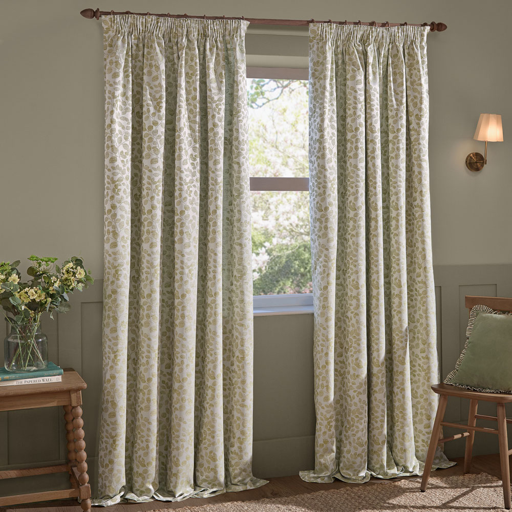 Wylder Grace Leaf Sage Jacquard Fully Lined Pencil Pleat Curtains 117 x 183cm Image 1