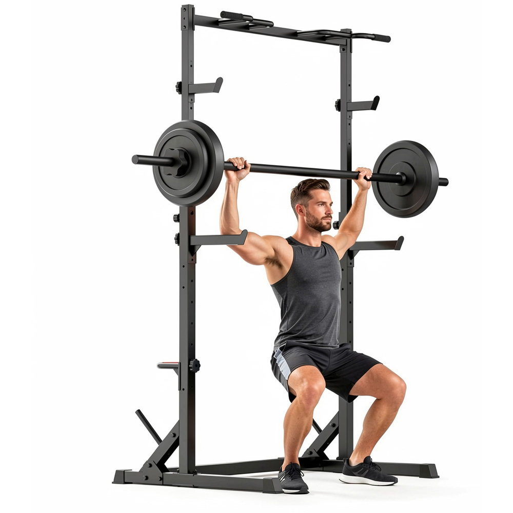 Rattrix Black Adjustable Squat Rack Power Rack with Pull Up Bar and Spotter Arms Image 3