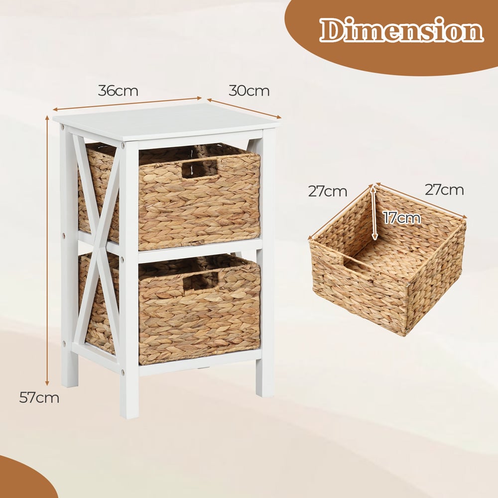 Costway 2 Shelf White Side Table with Seagrass Baskets Image 9