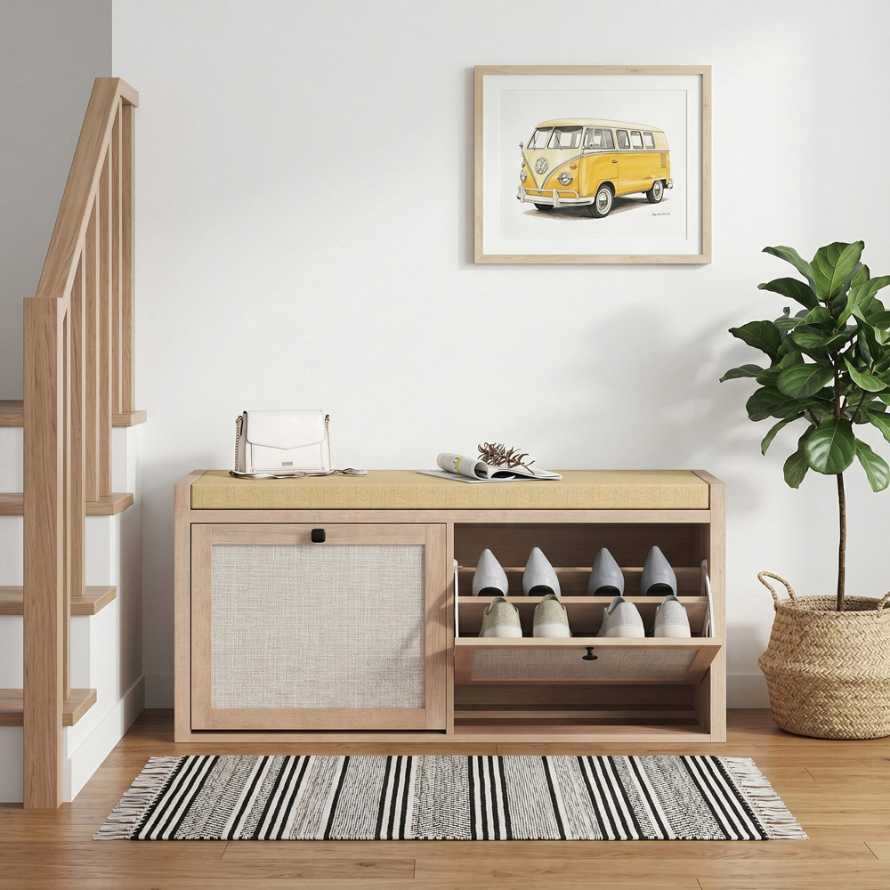 HOMCOM 2 Flip Down Door Oak Rattan Shoe Bench with Padded Cushion Image 4