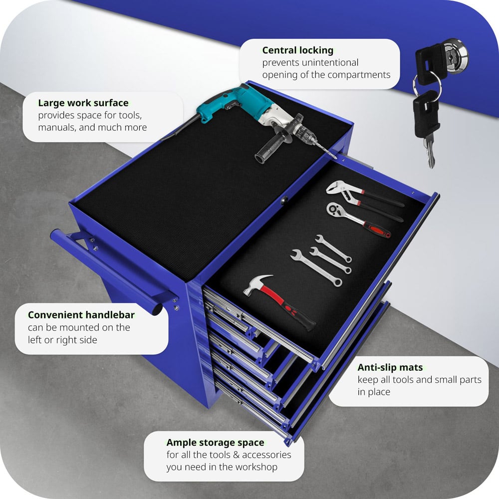 tectake 7 Drawer Blue Tool Chest of Drawers with Wheels Image 7