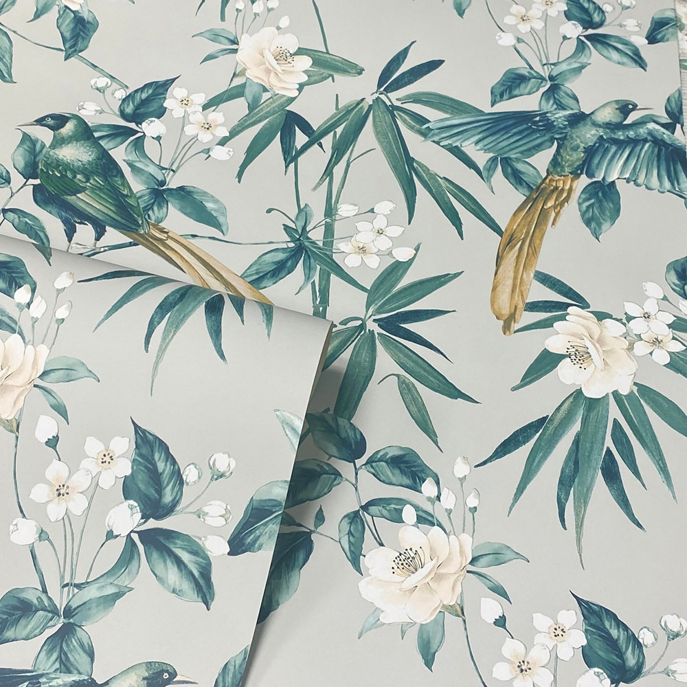 Arthouse Oriental Floral Birds Blue and Grey Wallpaper Image 2