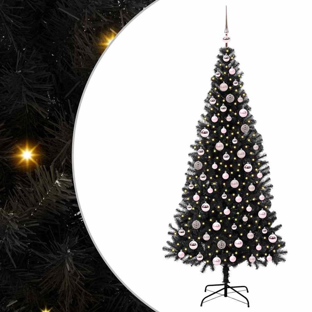 vidaXL Pre-Lit Pink Baubles Black Artificial Christmas Tree 7ft Image 2