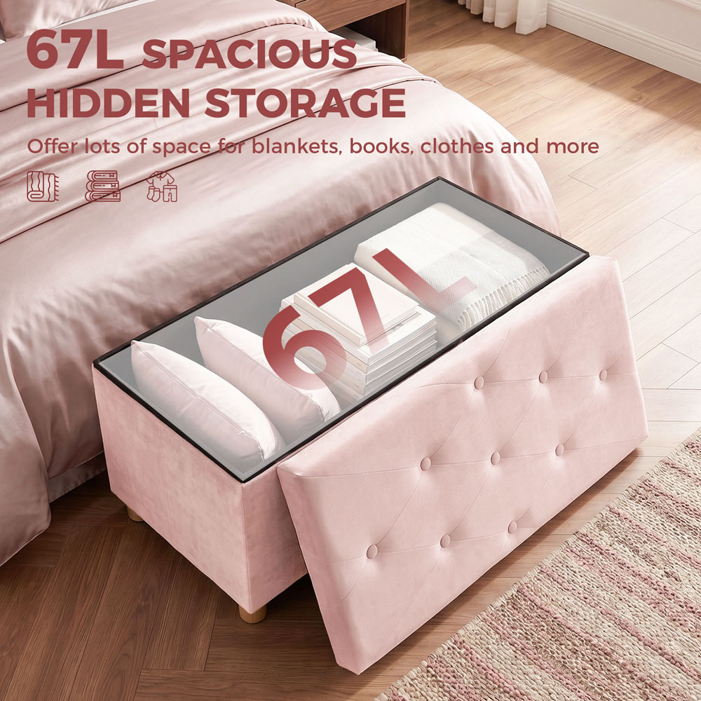 HOMCOM Pink Velvet Upholstered Foldable Ottoman Footrest with Wood Legs Image 5