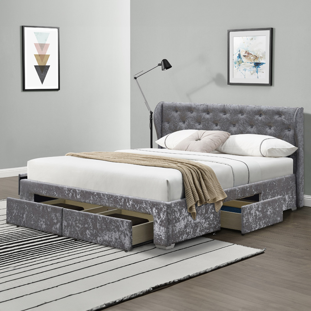 Brooklyn Double Silver Crushed Velvet 4 Drawer Bed Frame with Blanket