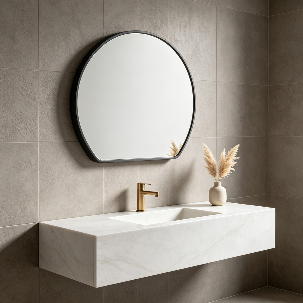Living and Home Black Rounded Aluminium Framed HD Float Glass Bathroom Mirror 40 x 36cm Image 2