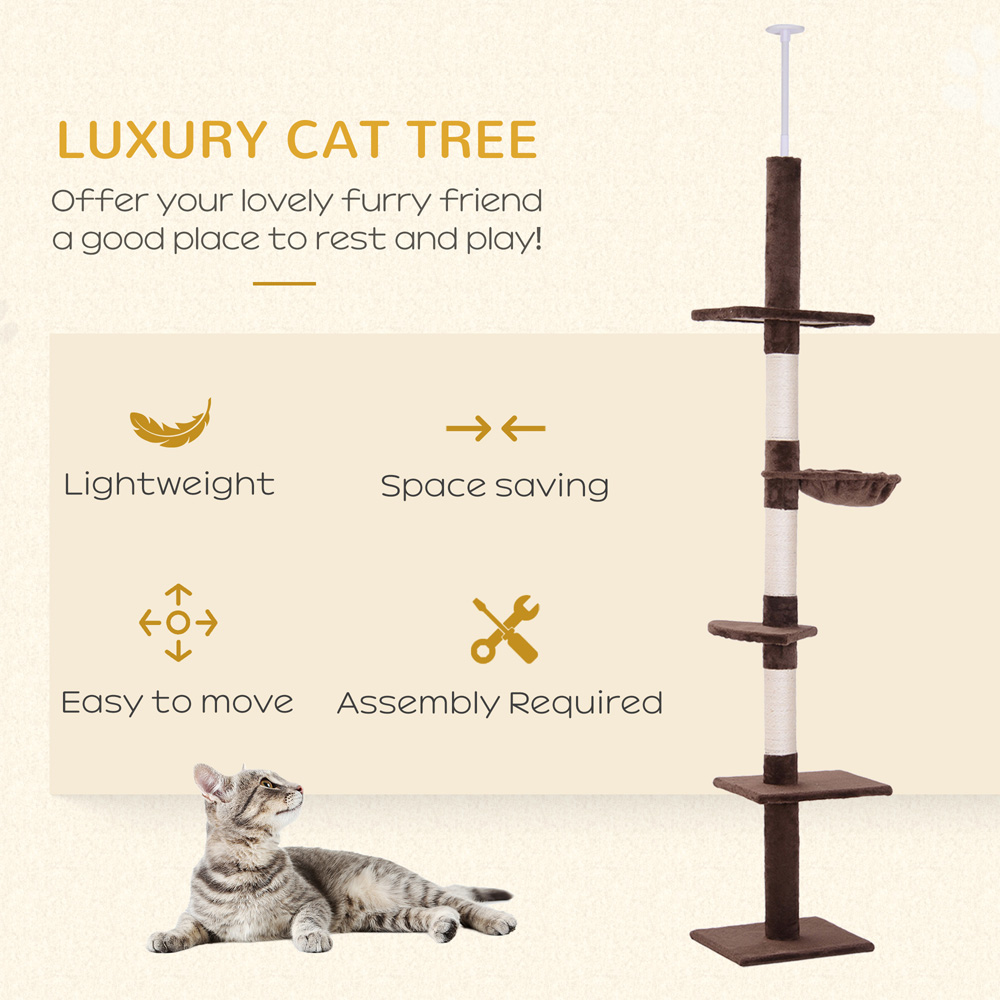 PawHut 5 Tier Brown and White Floor to Ceiling Cat Tree Image 4