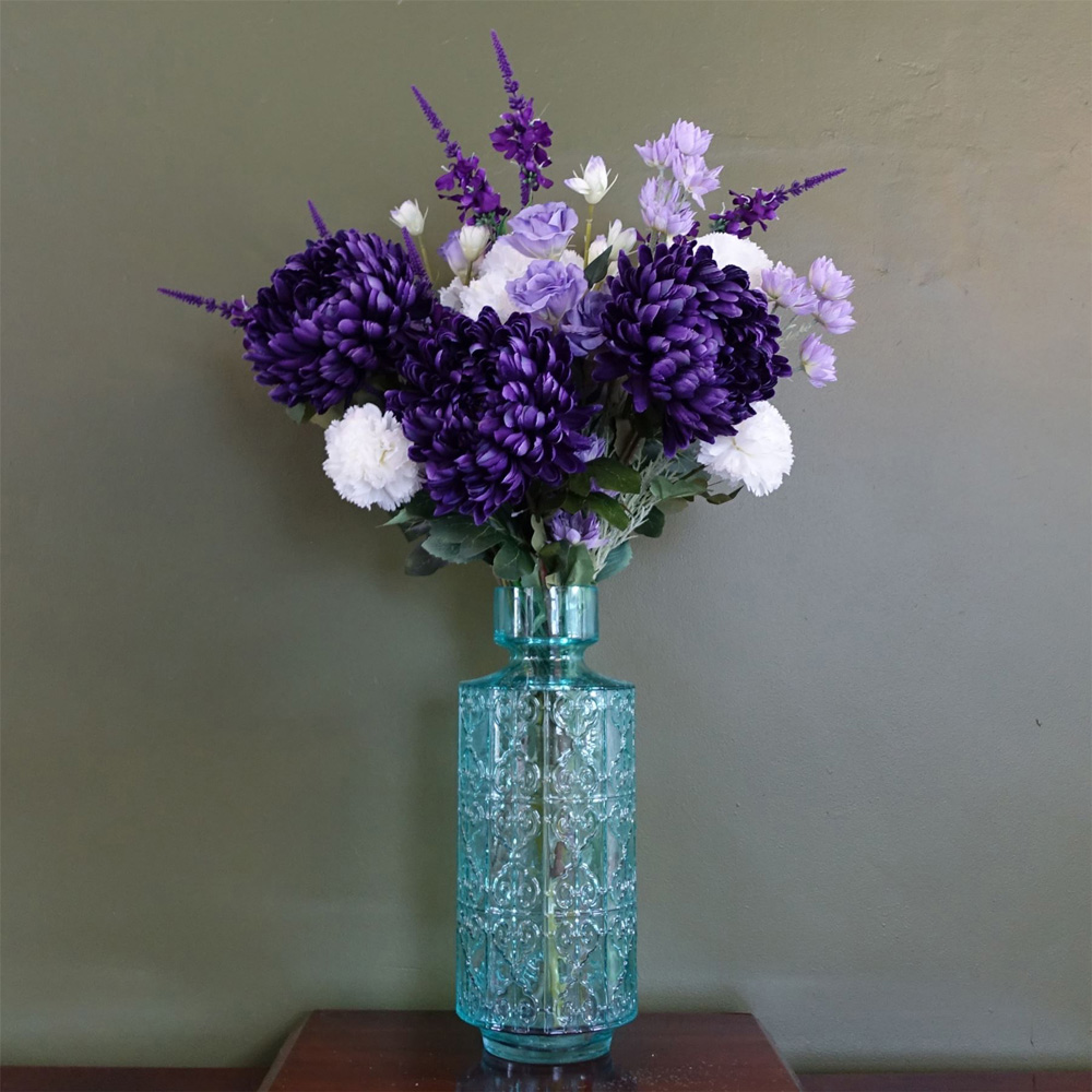 Leaf Purple Chrysanthemum Artificial Flower Bundle with Glass Vase 80cm 13 Pack Image 2