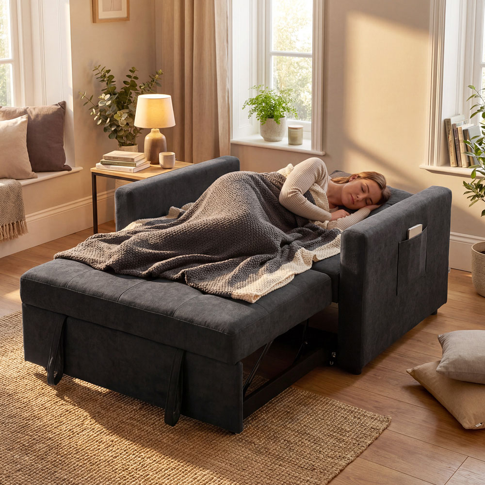 Portland 3-in-1 2 Seater Black Snow Flannel Convertible Sofa Bed with Pillows Image 3