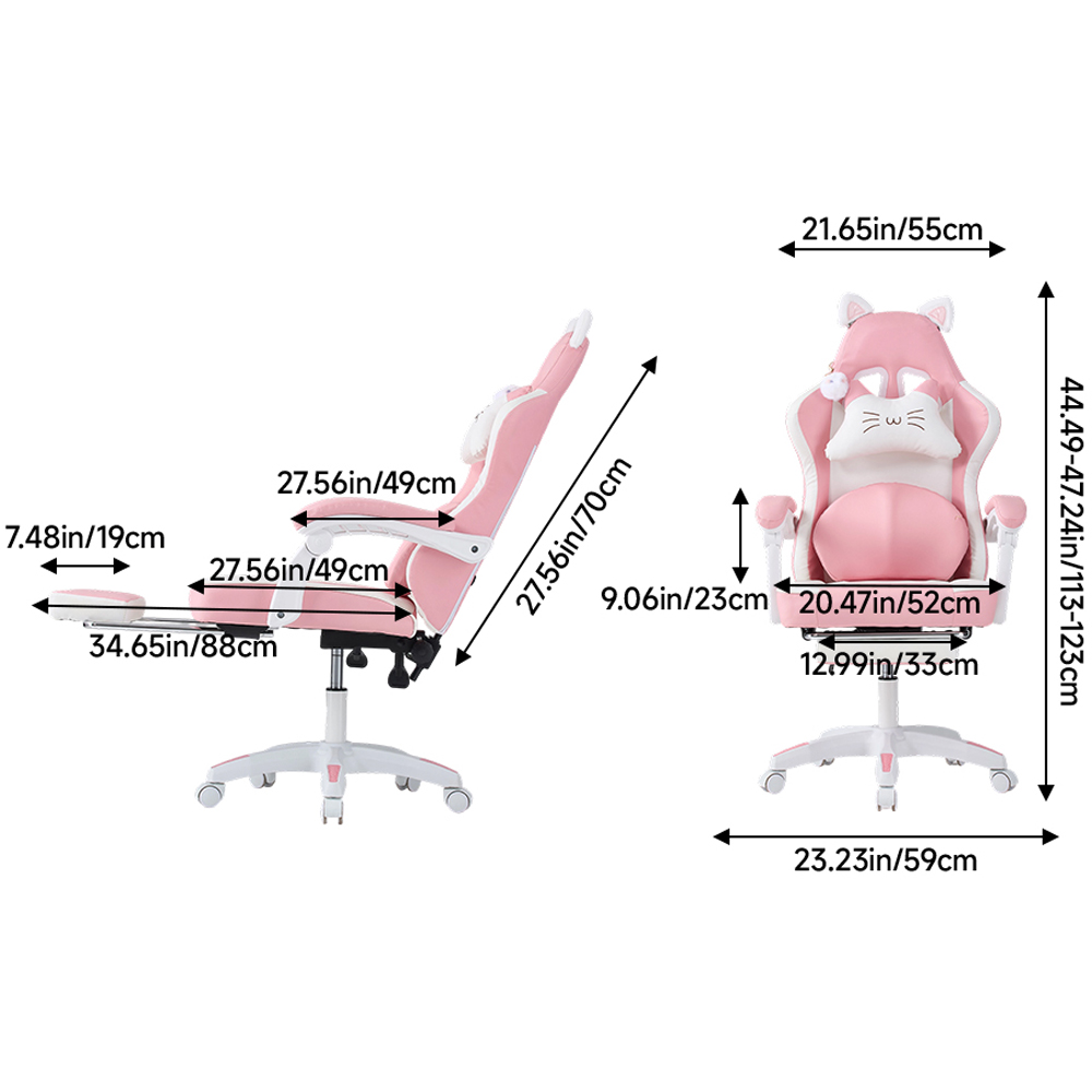 Living and Home White and Pink Cat Ear Design Gaming Chair with Massage Lumbar Pillow Image 9