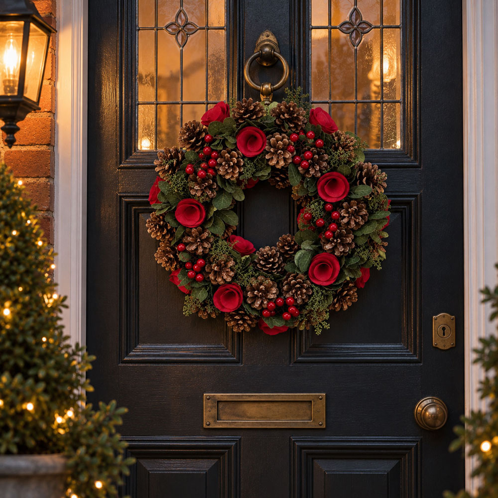Neo Green and Red Artificial Christmas Wreath with Berries and Pine Cones 50cm Image 2