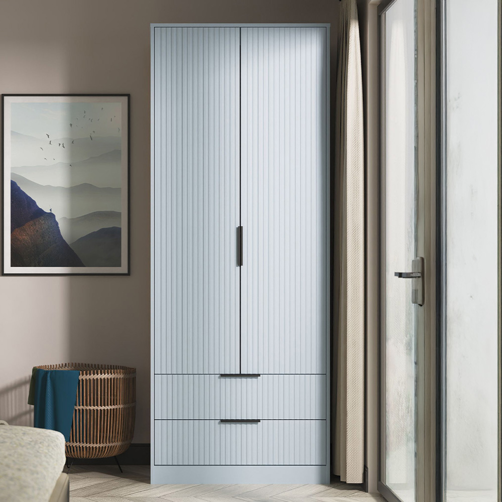 Crowndale Fluted 2 Door 2 Drawer Denim Blue Tall Wardrobe Ready Assembled Image 1