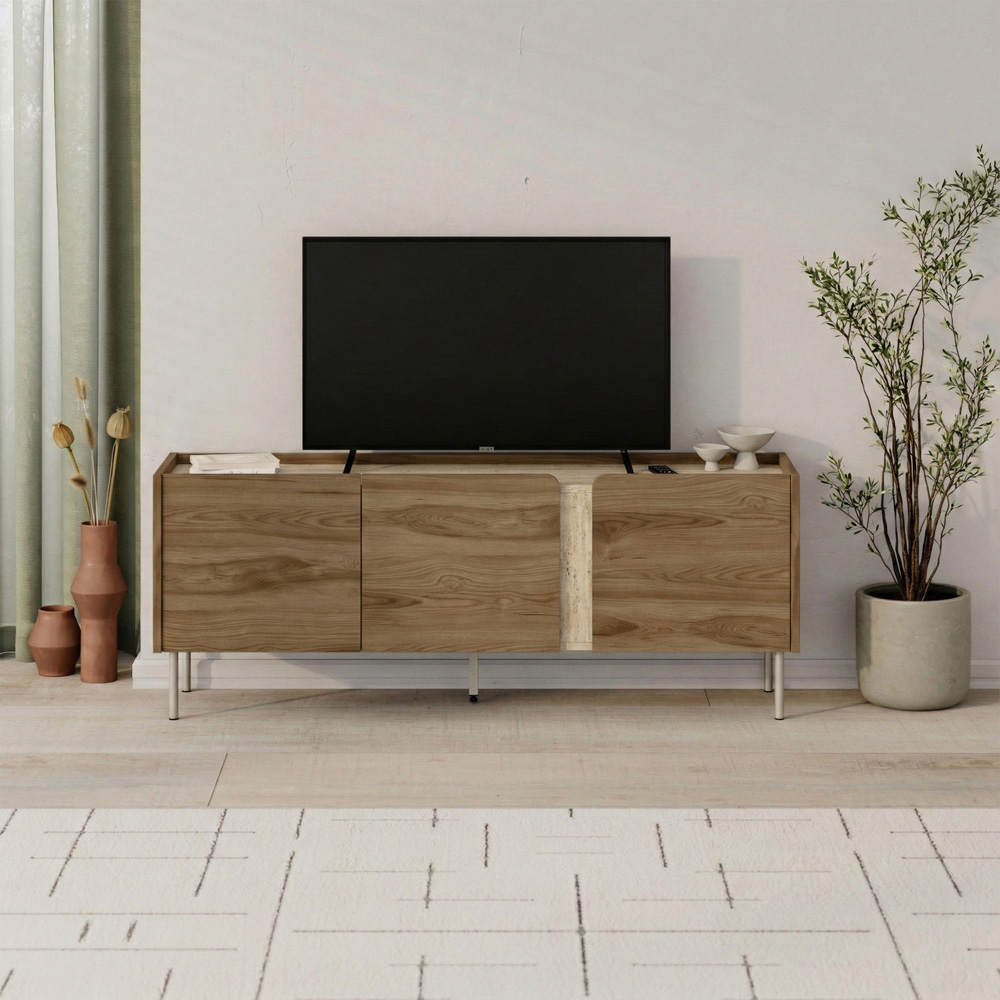 Decortie Norm 3 Door Deep Oud and Travertine TV Stand Image 4