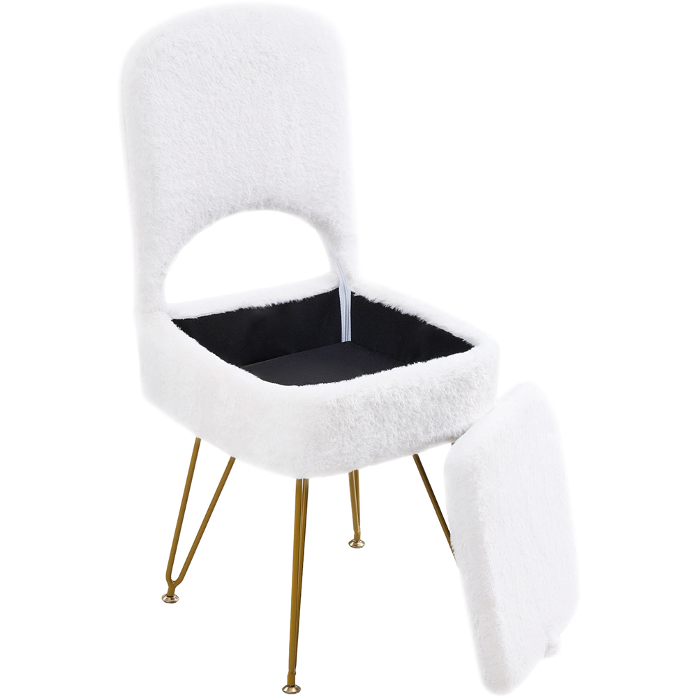 Living and Home White Faux Rabbit Fur Foldable Backrest Vanity Chair with Hidden Storage Image 2