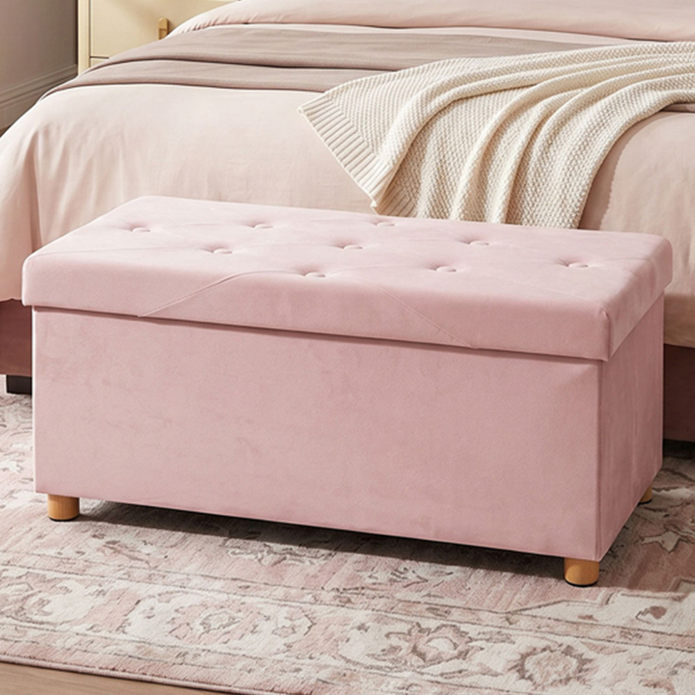 HOMCOM Pink Velvet Upholstered Foldable Ottoman Footrest with Wood Legs Image 1