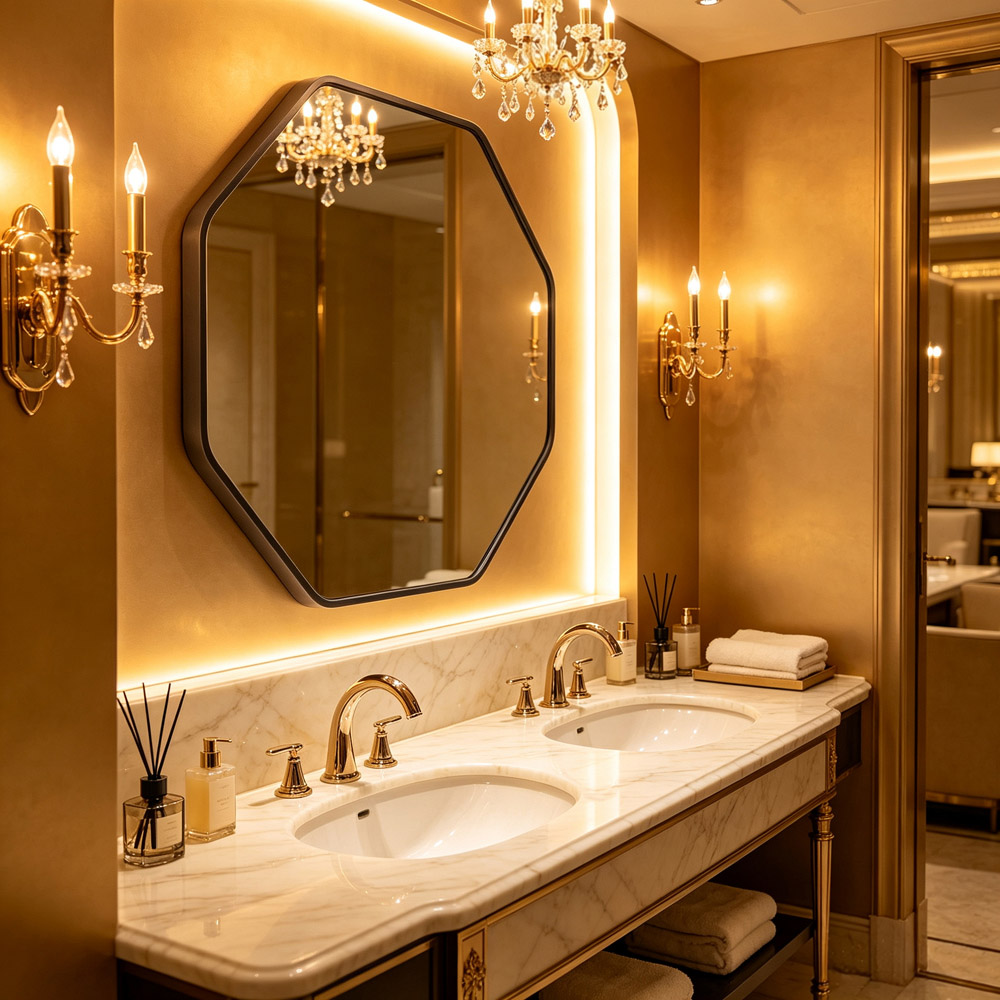 Living and Home Black Hexagonal Aluminium Framed HD Float Glass Bathroom Mirror 50 x 50cm Image 7