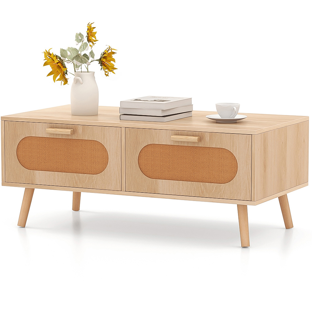 Costway 2 Drawer Natural Mid Century Rattan Coffee Table Image 4