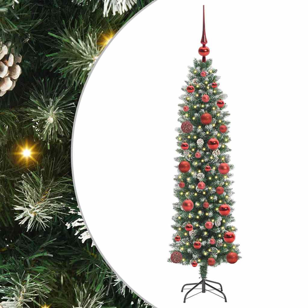 vidaXL Pre-Lit Warm White LED and Red Baubles Green Slim Artificial Christmas Tree 4ft Image 7
