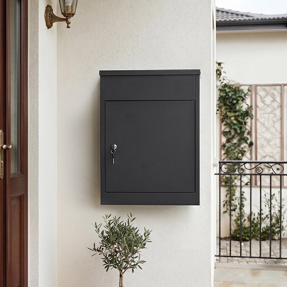 Living and Home Black Galvanised Steel Lockable Wall Mounted Parcel Drop Box Image 3