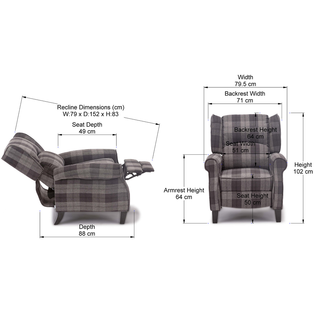 Furniture Online Eaton Charcoal Wing Back Checkered Recliner Chair Image 8