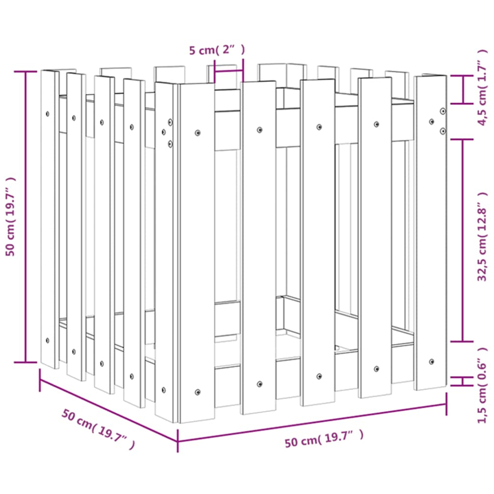vidaXL Natural Solid Pine Wood Fence Design Garden Planter 50 x 50 x 50cm Image 8