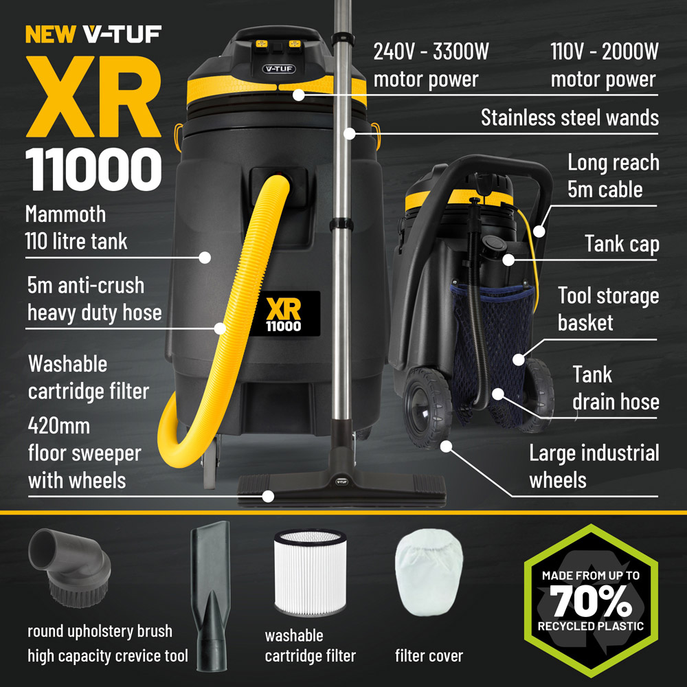 V-TUF XR11000-240 110L High Performance Wet and Dry Industrial Vacuum Cleaner 3000W Image 4