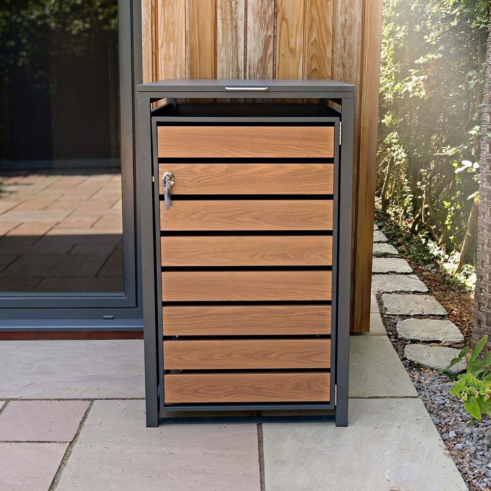 MonsterShop Anthracite and Wood Metal Wheelie Bin Storage Shed Image 2
