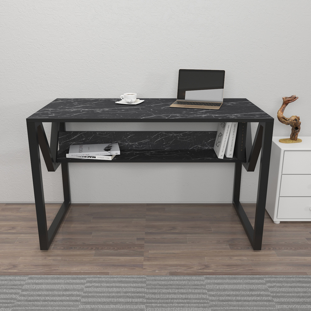 Decorotika Lona Single Shelf Study and Writing Desk Black Marble Effect and Black Image 5