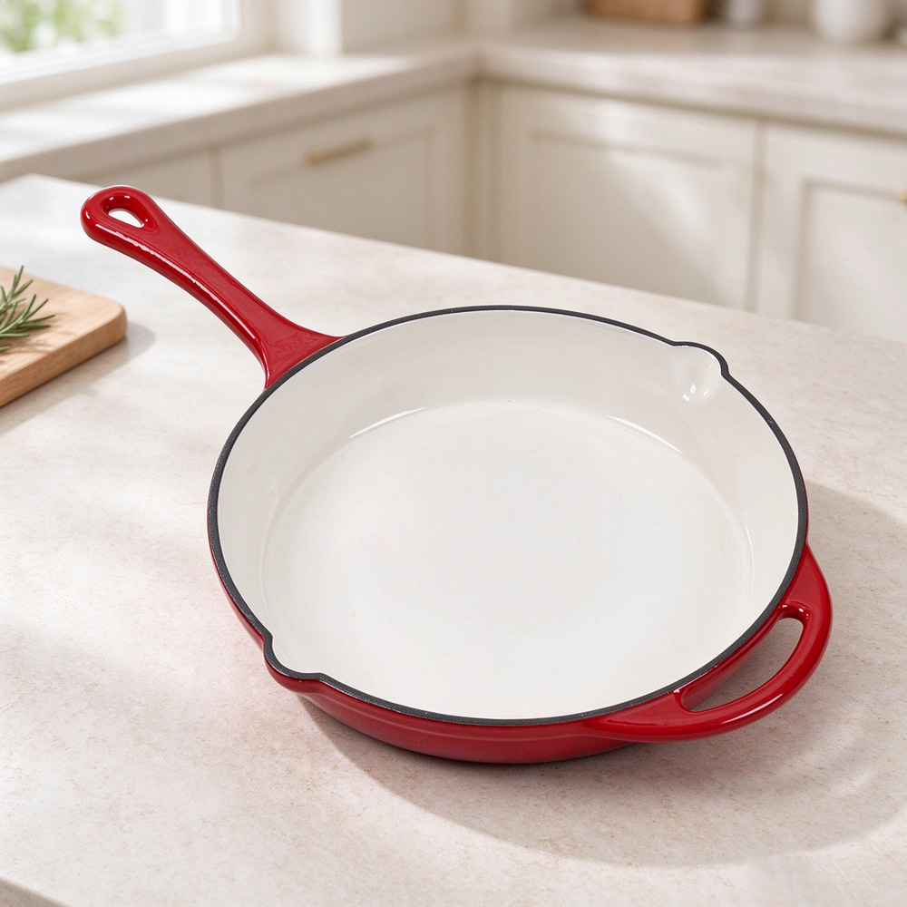 Living and Home 46 x 29cm Red Enamelled Cast Iron Round Frying Pan Image 2