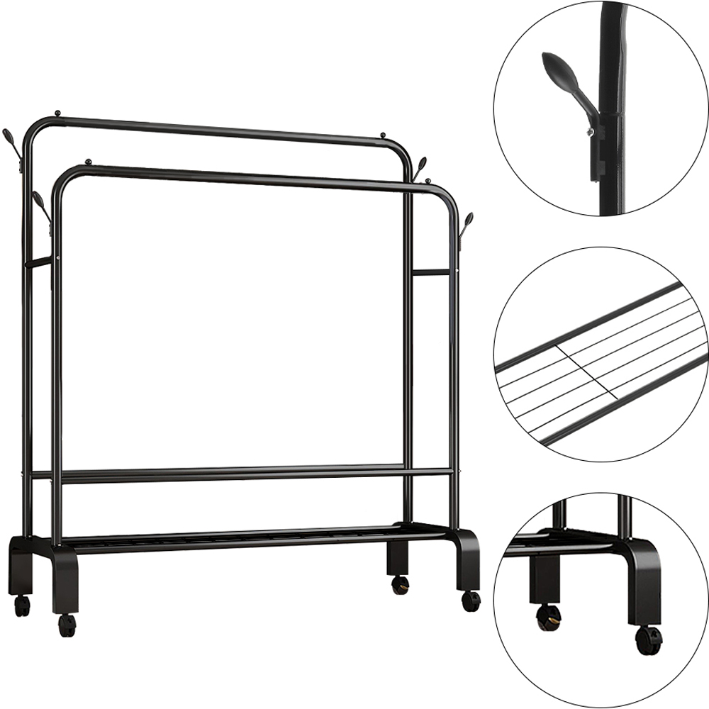 H&O Direct 2 Shelf 2 Hanging Bar Black Rolling Clothes Rack with Lockable Castors and Side Hangers Image 2