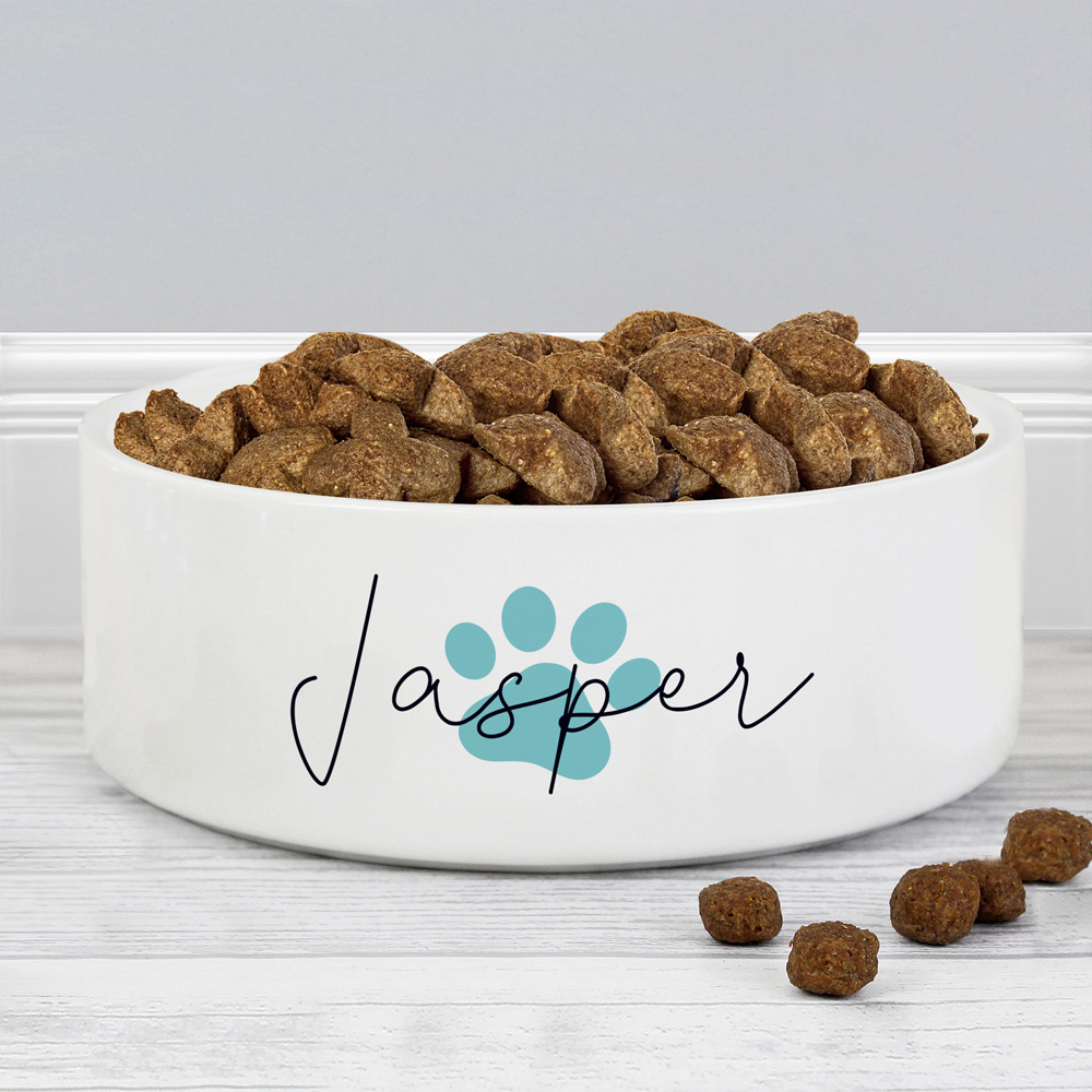 Personalised Memento Blue Paw Print Name Medium Pet Bowl 14cm Image 2